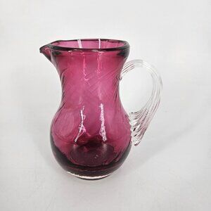 Vint Hand Blown Art Glass Mini Vase Pitcher Pink Swirl Clear Applied Handle 4"
